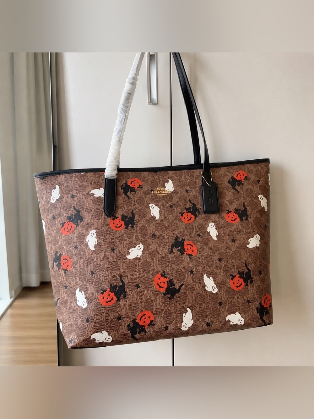 Coach Brown Halloween Print Tote Bag with Black Handles - Picture 2 of 4